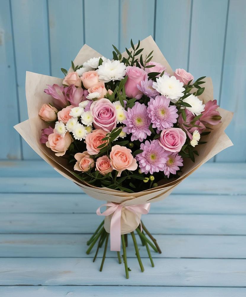 Букет цветов из: Хризантемы, Розы и Альстромерии в Дальнегорске
