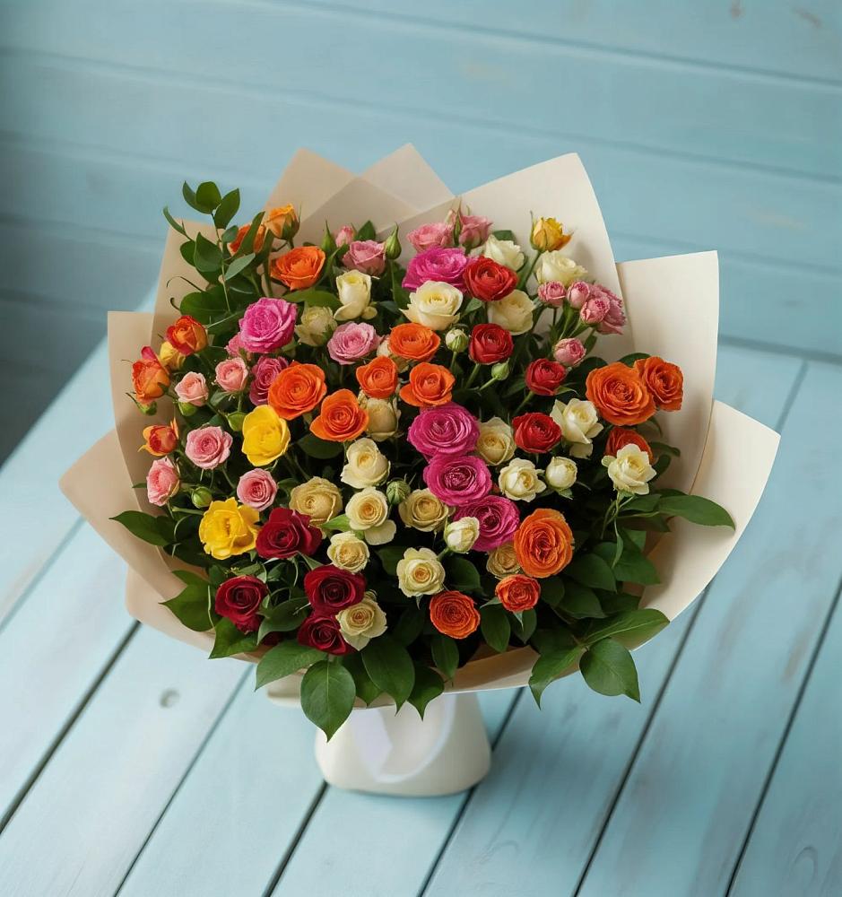 Букет Микс из разноцветных кустовых роз в Дальнегорске