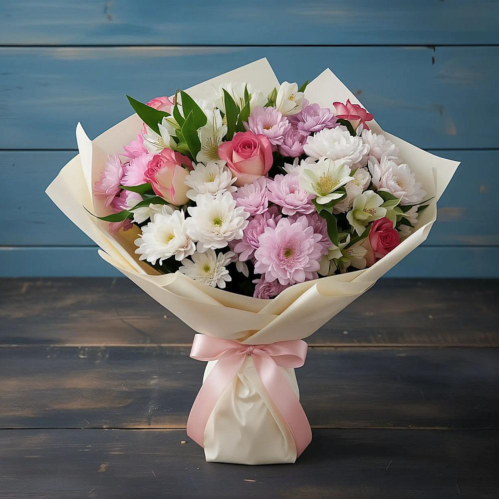 Букет цветов из: Хризантемы, Альстромерии и Розы в Дальнегорске